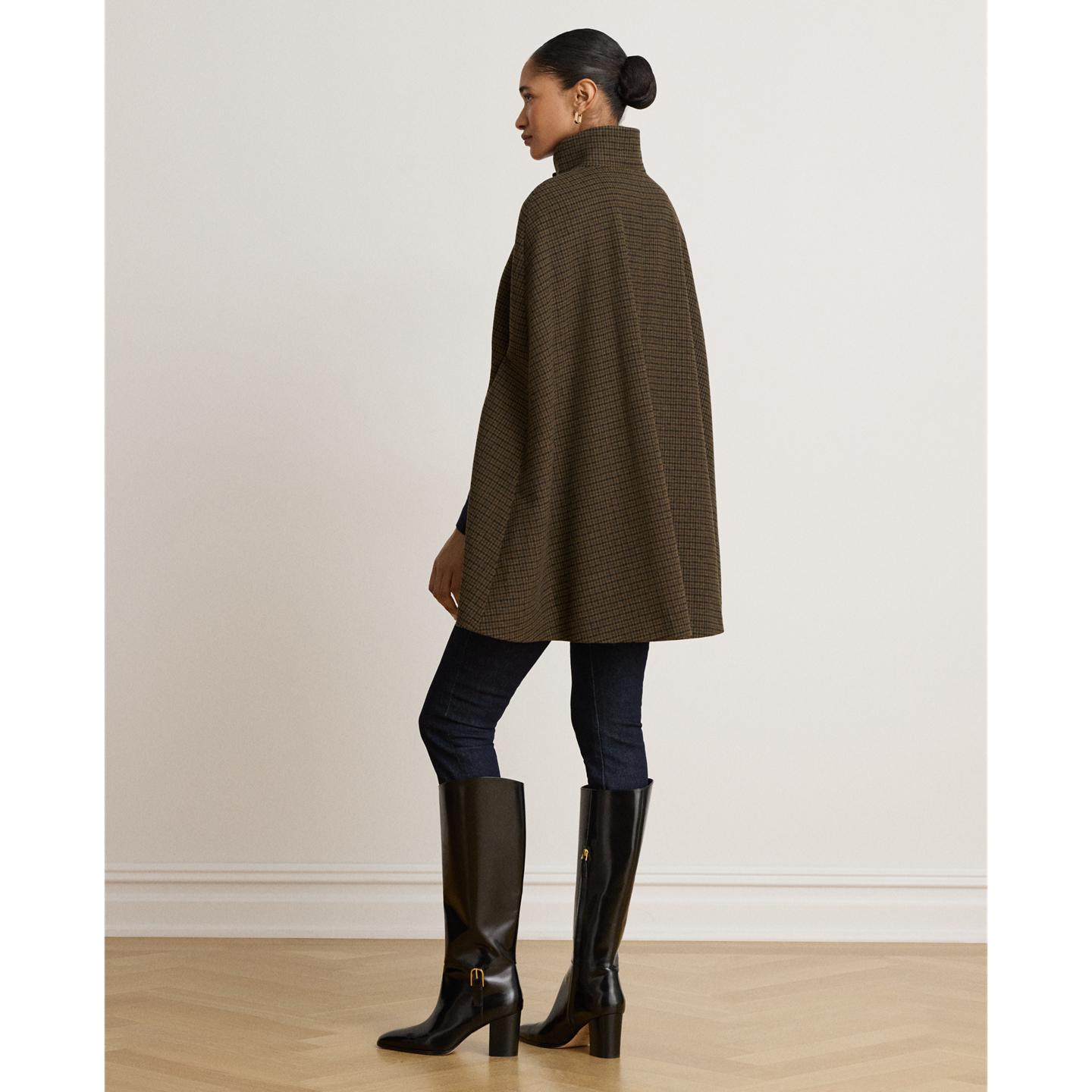 Ralph Lauren Houndstooth Buckle-Trim Mockneck Cape, цвет: Тёмно-зелёный / Чёрный — фото 2