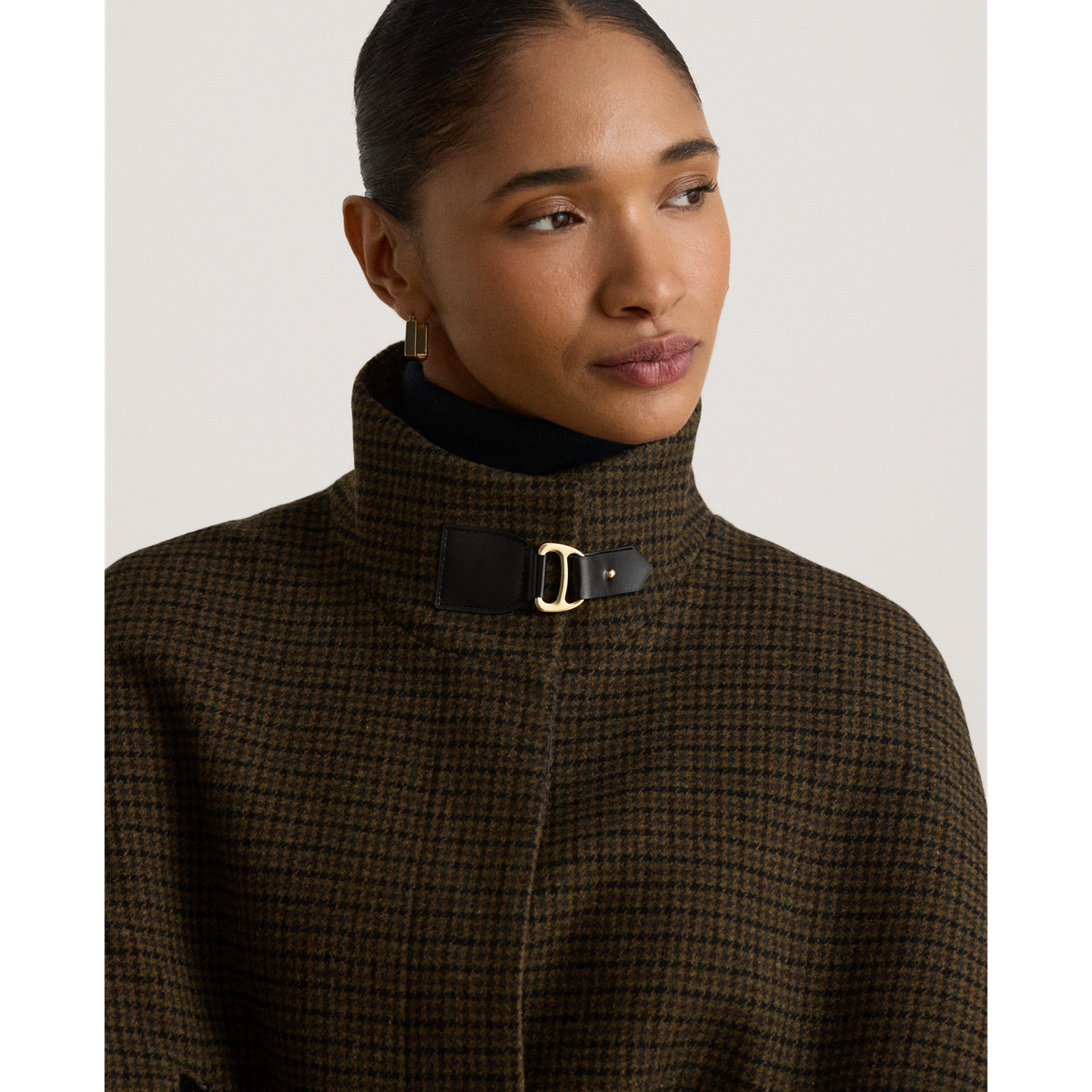 Ralph Lauren Houndstooth Buckle-Trim Mockneck Cape, цвет: Тёмно-зелёный / Чёрный — фото 3
