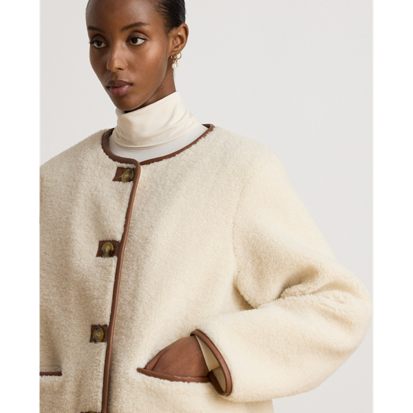 Faux-Leather-Trim Faux-Fur Teddy Coat