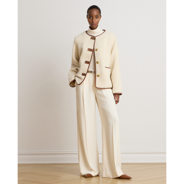 Faux-Leather-Trim Faux-Fur Teddy Coat