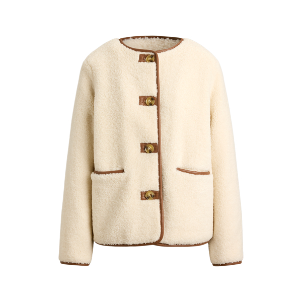 Faux-Leather-Trim Faux-Fur Teddy Coat