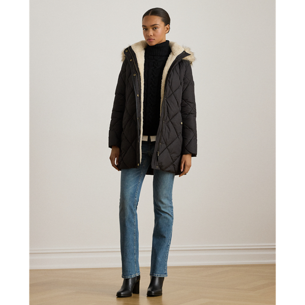 Faux-Fur-Trim Hooded Quilted Coat
