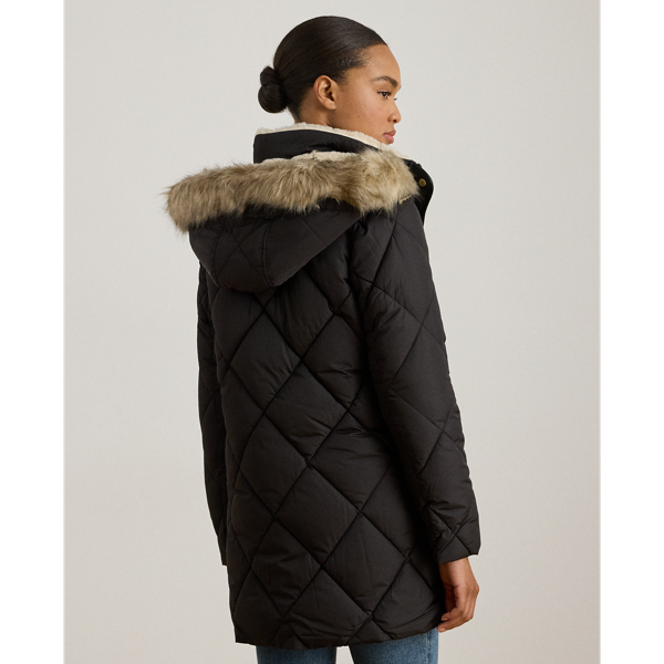 Faux-Fur-Trim Hooded Quilted Coat