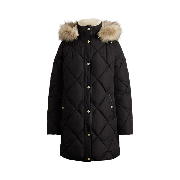 Faux-Fur-Trim Hooded Quilted Coat