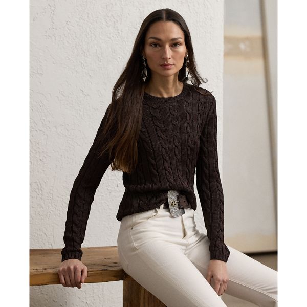 Mocha Cable-Knit Silk Crewneck Sweater Ralph Lauren Collection 1