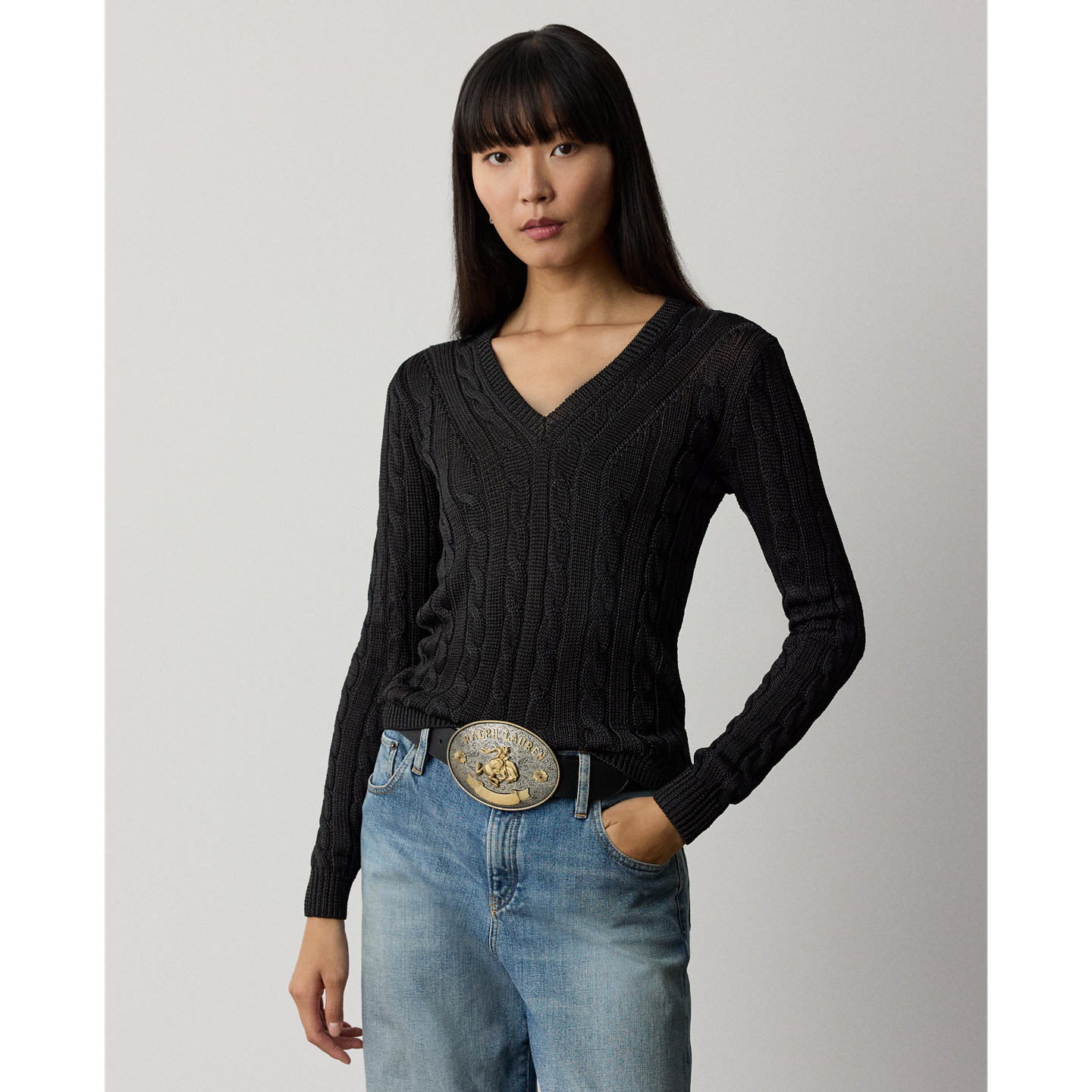 Женский свитер Ralph Lauren Cable-Knit Silk V-Neck, цвет: Чёрный — фото 4