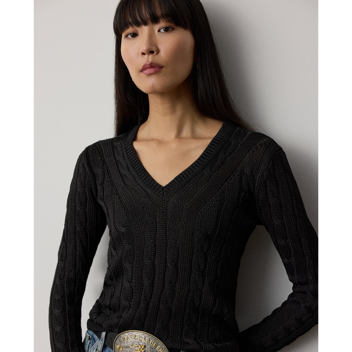 Женский свитер Ralph Lauren Cable-Knit Silk V-Neck, цвет: Чёрный — фото 3