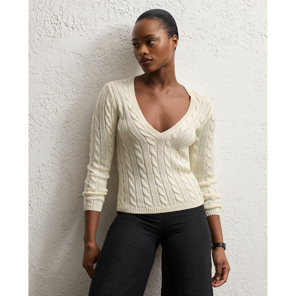 Cable-Knit Silk V-Neck Sweater