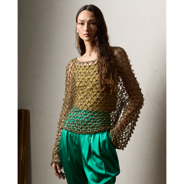 Gold Metallic Hand-Crocheted Boatneck Sweater Ralph Lauren Collection 1