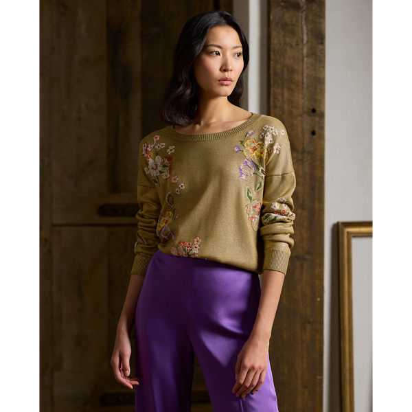 Embellished Foiled Silk Crewneck Sweater