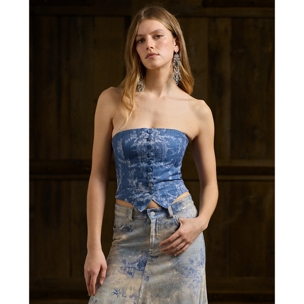 Blue Multi Vannesa Cotton-Blend Chiné Bustier Ralph Lauren Collection 1