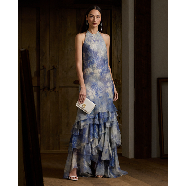 Blue/Pearl Multi Lauraine Floral Silk Evening Dress Ralph Lauren Collection 1