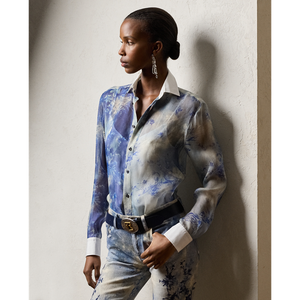 Blue/Pearl Multi Nancie Floral Silk Gazaar Shirt Ralph Lauren Collection 1