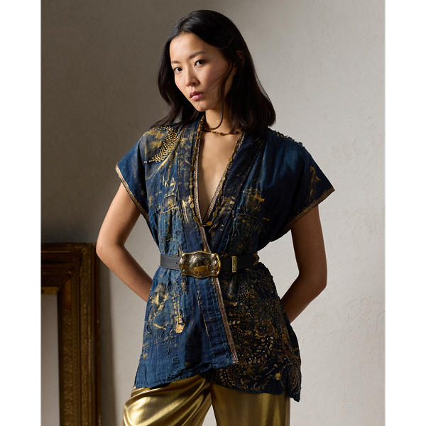 Indigo/Gold Camille Embellished Linen Tunic Ralph Lauren Collection 1