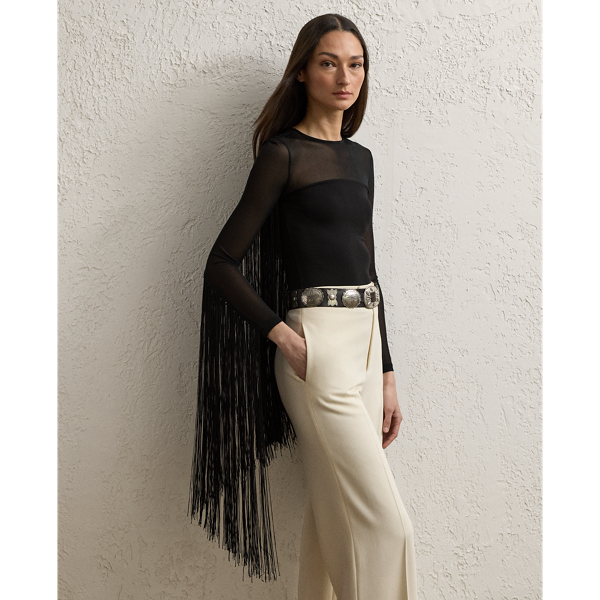 Fringe-Trim Sheer & Opaque Knit Top