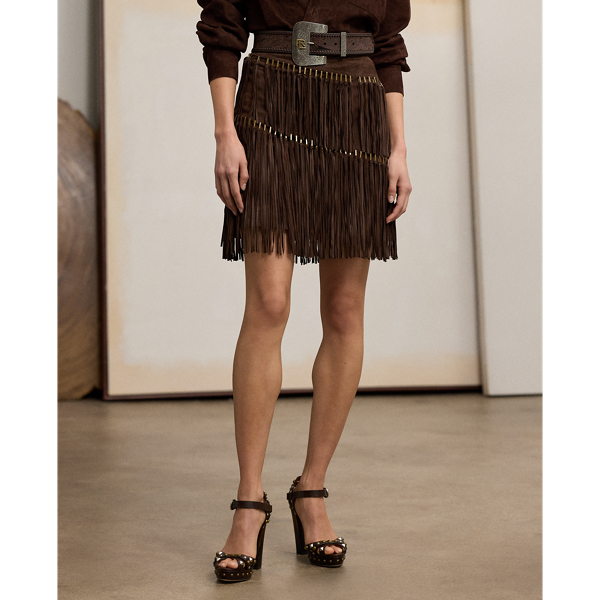 Brielle Fringe-Trim Lamb-Suede Skirt