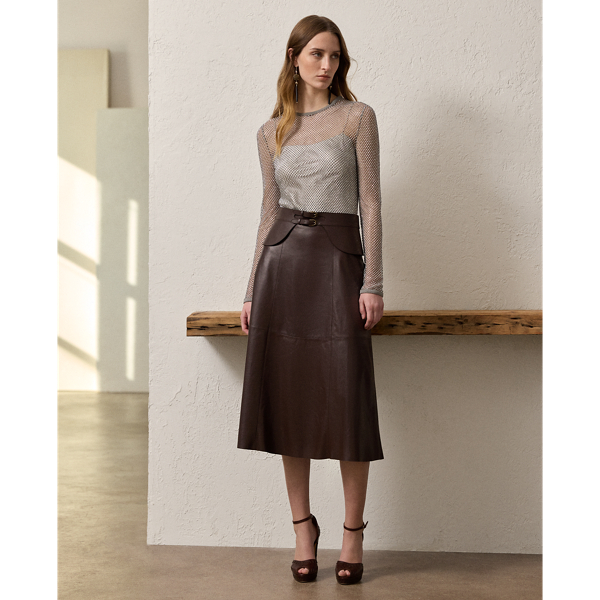 Mocha Millie Buckle-Trim Lambskin Skirt Ralph Lauren Collection 1