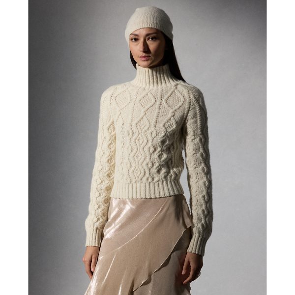 Classic Cream Aran-Knit Cashmere Funnelneck Sweater Ralph Lauren Collection 1