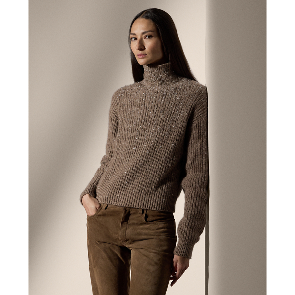 Light Truffle Donegal Embellished Cashmere Mockneck Sweater Ralph Lauren Collection 1