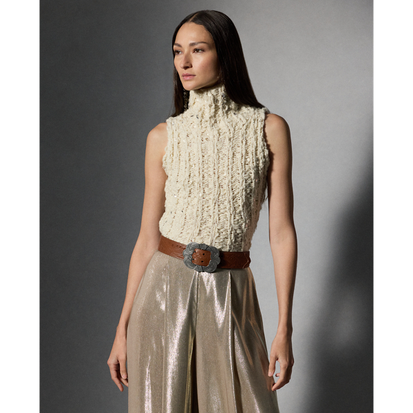 Classic Cream Embellished Sleeveless Turtleneck Ralph Lauren Collection 1