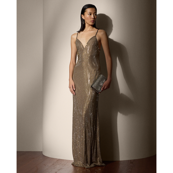 Taupe Reede Embellished Silk Evening Dress Ralph Lauren Collection 1