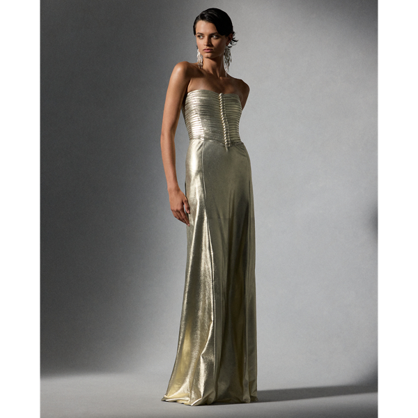 Platinum Kaylen Laminated Suede Evening Dress Ralph Lauren Collection 1