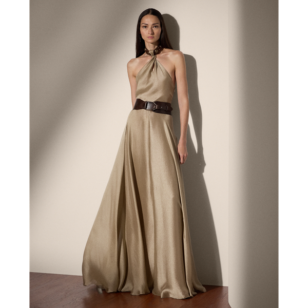 Light Gold Sherri Metallic Gauze Evening Dress Ralph Lauren Collection 1