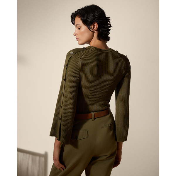 Rib-Knit Wool-Silk Button-Sleeve Sweater