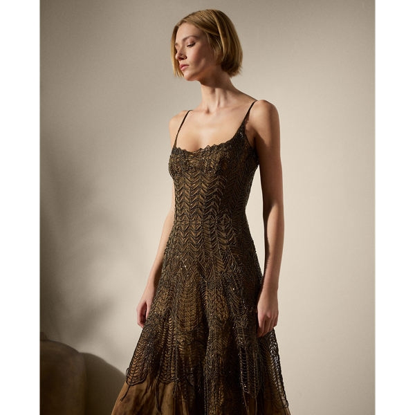 Robe de soirée Erin décorée en tulle Ralph Lauren Collection en Châtaigne 4