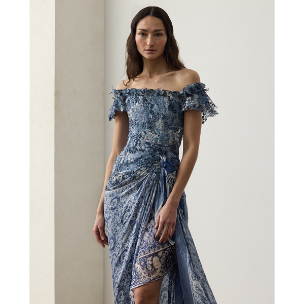 Robe de soir&eacute;e Ivanna fleurie en gaze Ralph Lauren Collection en Bleu multi 4