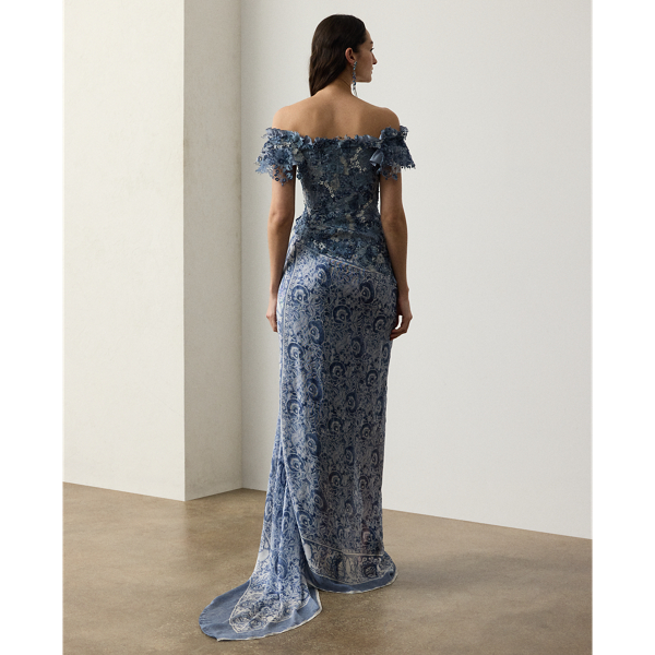 Robe de soir&eacute;e Ivanna fleurie en gaze Ralph Lauren Collection en Bleu multi 5