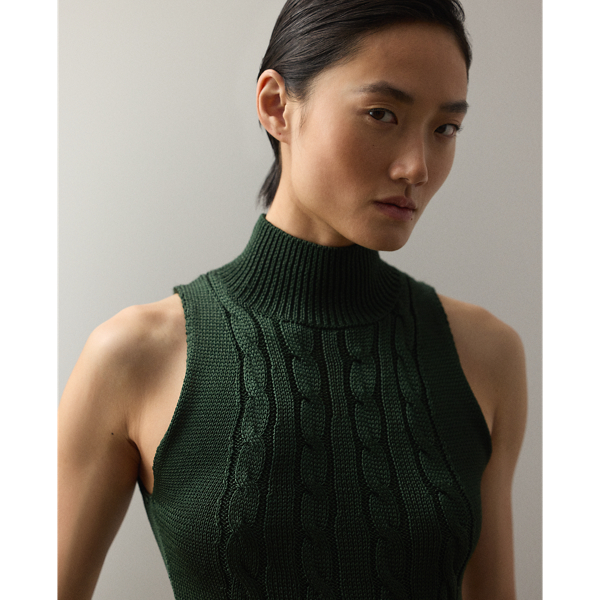 Cable-Knit Silk Sleeveless Turtleneck