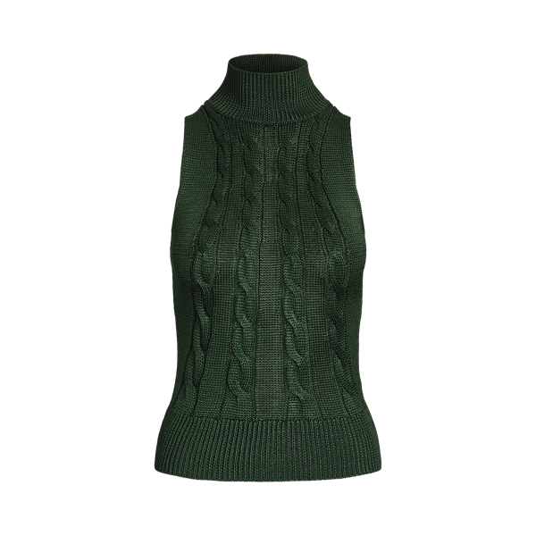 Cable-Knit Silk Sleeveless Turtleneck