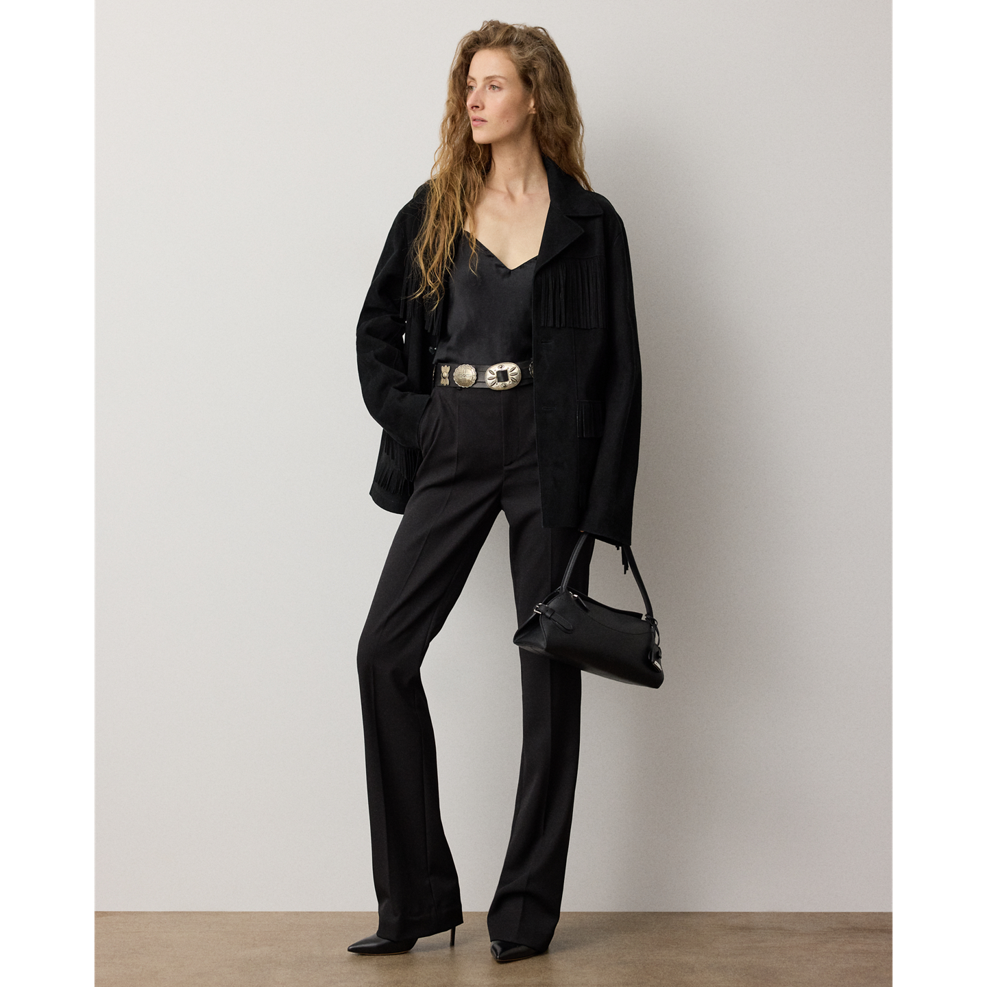 Женская куртка Ralph Lauren Perce Fringe-Trim Lamb-Suede, цвет: Чёрный — фото 1