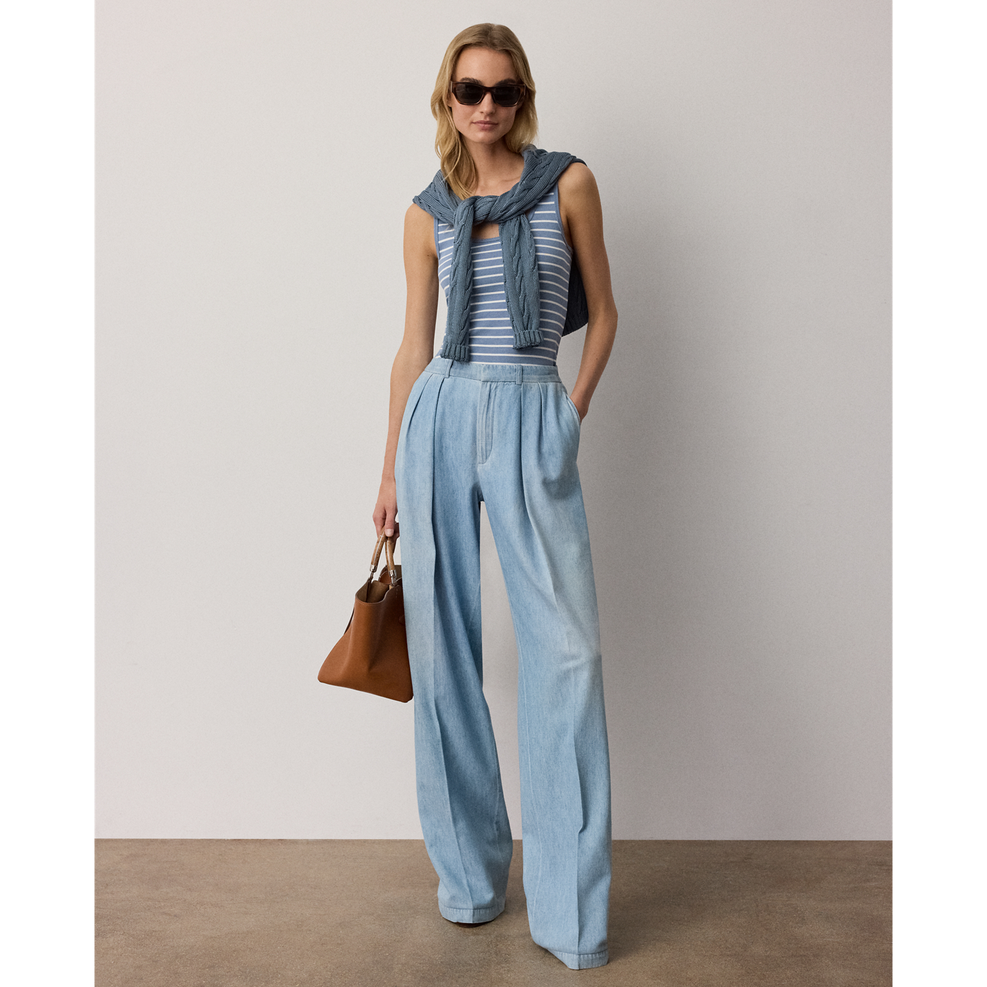 Женский топ Ralph Lauren Ellis Rib-Knit Striped, цвет: Шамбре / Кремовый — фото 1