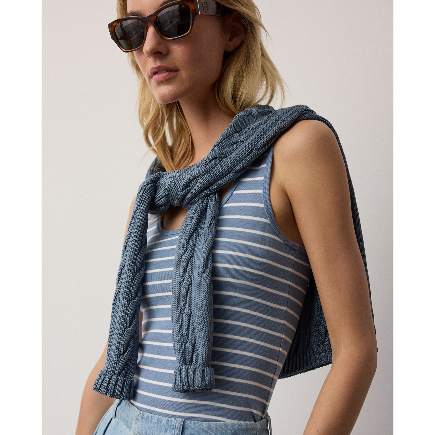 Женский топ Ralph Lauren Ellis Rib-Knit Striped, цвет: Шамбре / Кремовый — фото 4