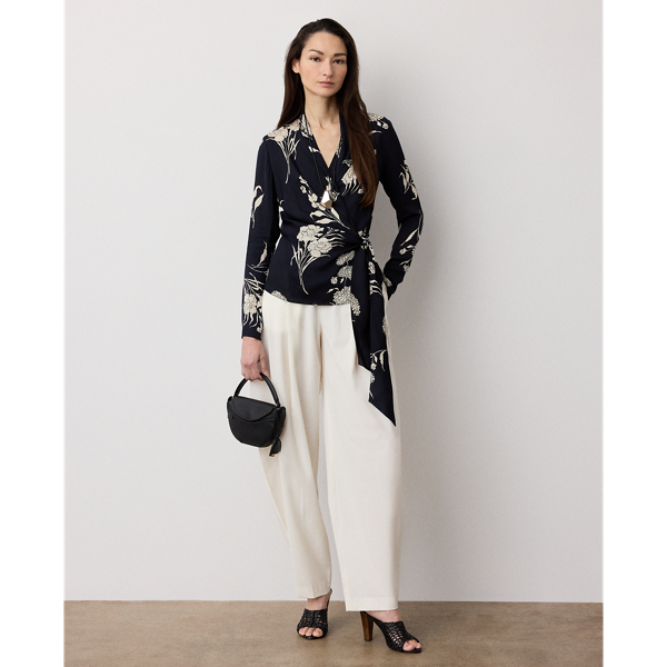 Black/Cream Shea Floral Satin Wrap Blouse Ralph Lauren Collection 4