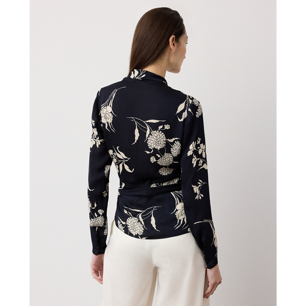 Black/Cream Shea Floral Satin Wrap Blouse Ralph Lauren Collection 5