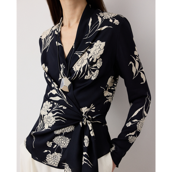 Black/Cream Shea Floral Satin Wrap Blouse Ralph Lauren Collection 6