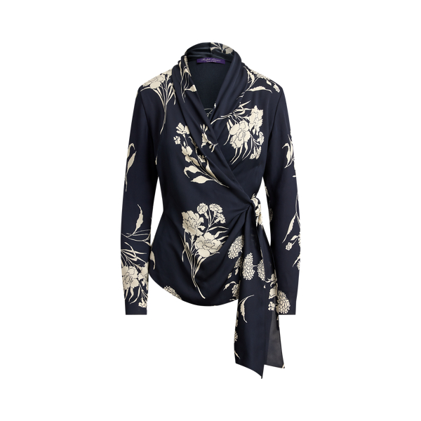 Black/Cream Shea Floral Satin Wrap Blouse Ralph Lauren Collection 2
