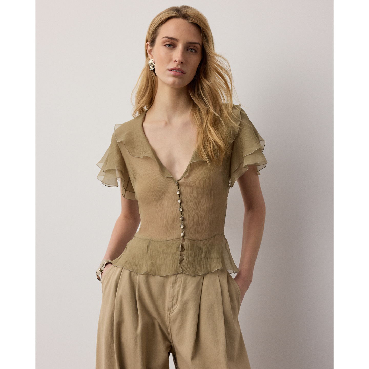 Женская блузка Ralph Lauren Kristina Crinkle Chiffon, цвет: Porcini — фото 5