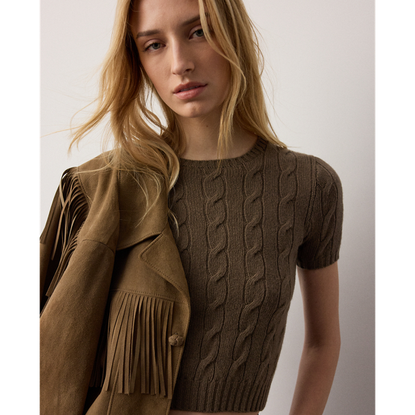 Ralph Lauren Collection 深褐色 喀什米爾羊毛短版麻花針織衫 7