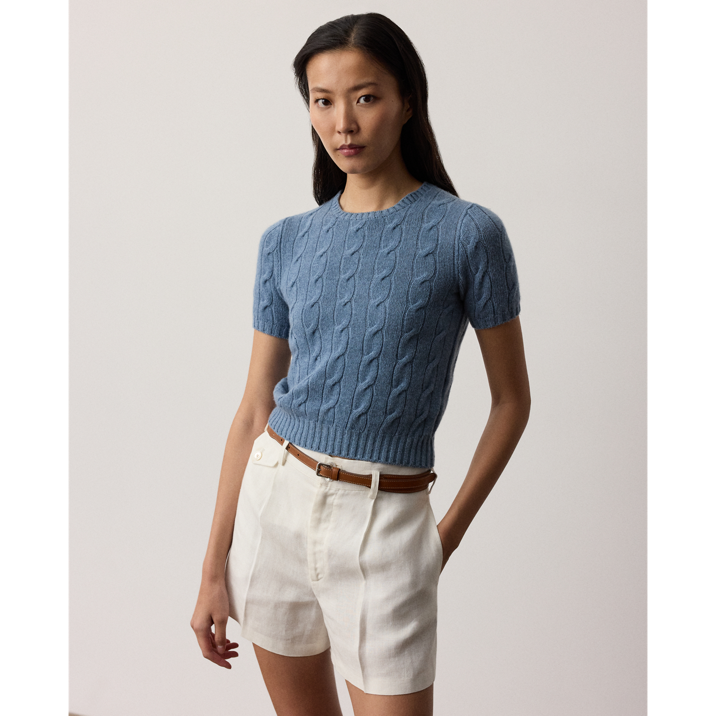 Женский свитер Ralph Lauren Cable-Knit Cashmere Cropped, цвет: Шамбре меланжевый — фото 5