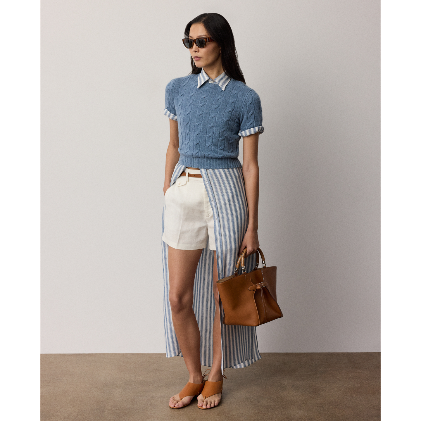 Женский свитер Ralph Lauren Cable-Knit Cashmere Cropped, цвет: Шамбре меланжевый — фото 1