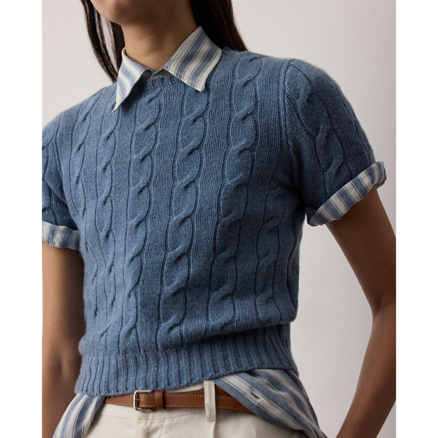 Женский свитер Ralph Lauren Cable-Knit Cashmere Cropped, цвет: Шамбре меланжевый — фото 3