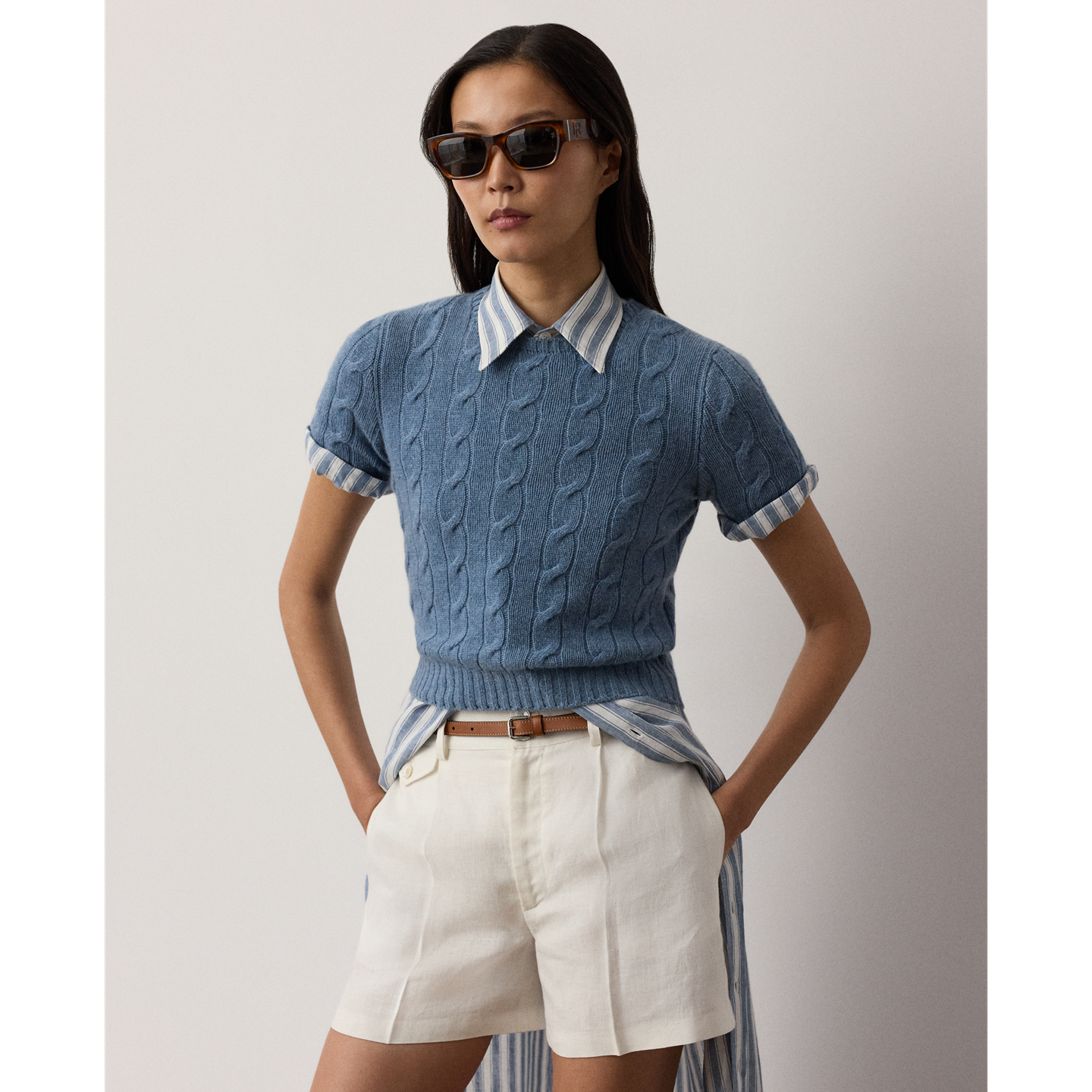 Женский свитер Ralph Lauren Cable-Knit Cashmere Cropped, цвет: Шамбре меланжевый — фото 4