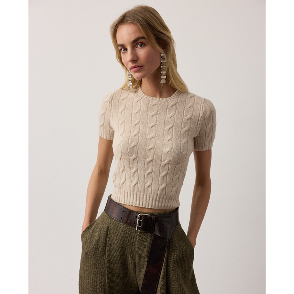 Cropped kabelgebreide kasjmier trui Ralph Lauren Collection in Summer sand melange 1