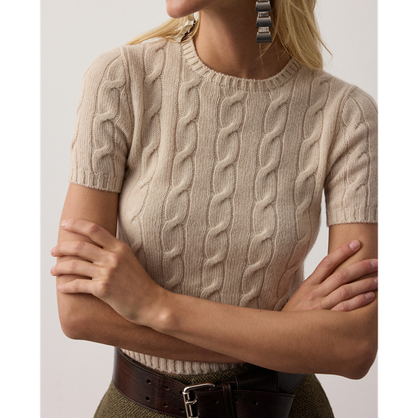 Cropped kabelgebreide kasjmier trui Ralph Lauren Collection in Summer sand melange 7