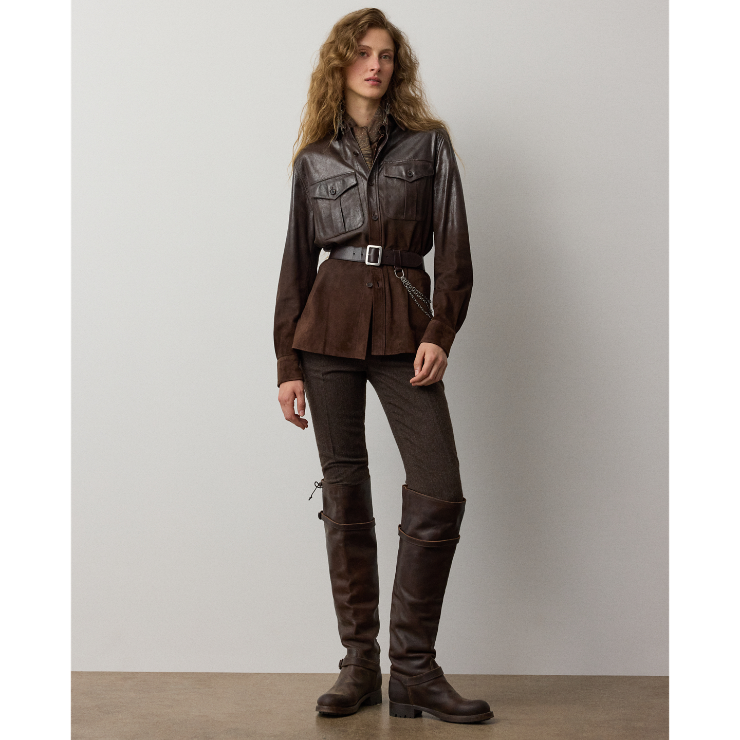 Женская рубашка Ralph Lauren Landry из замши ягнёнка, цвет: Светло-коричневый — фото 1