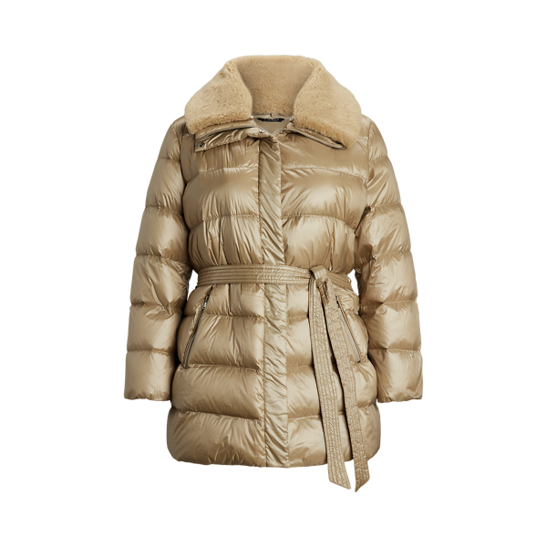 Faux Shearling Trim Belted Down Coat